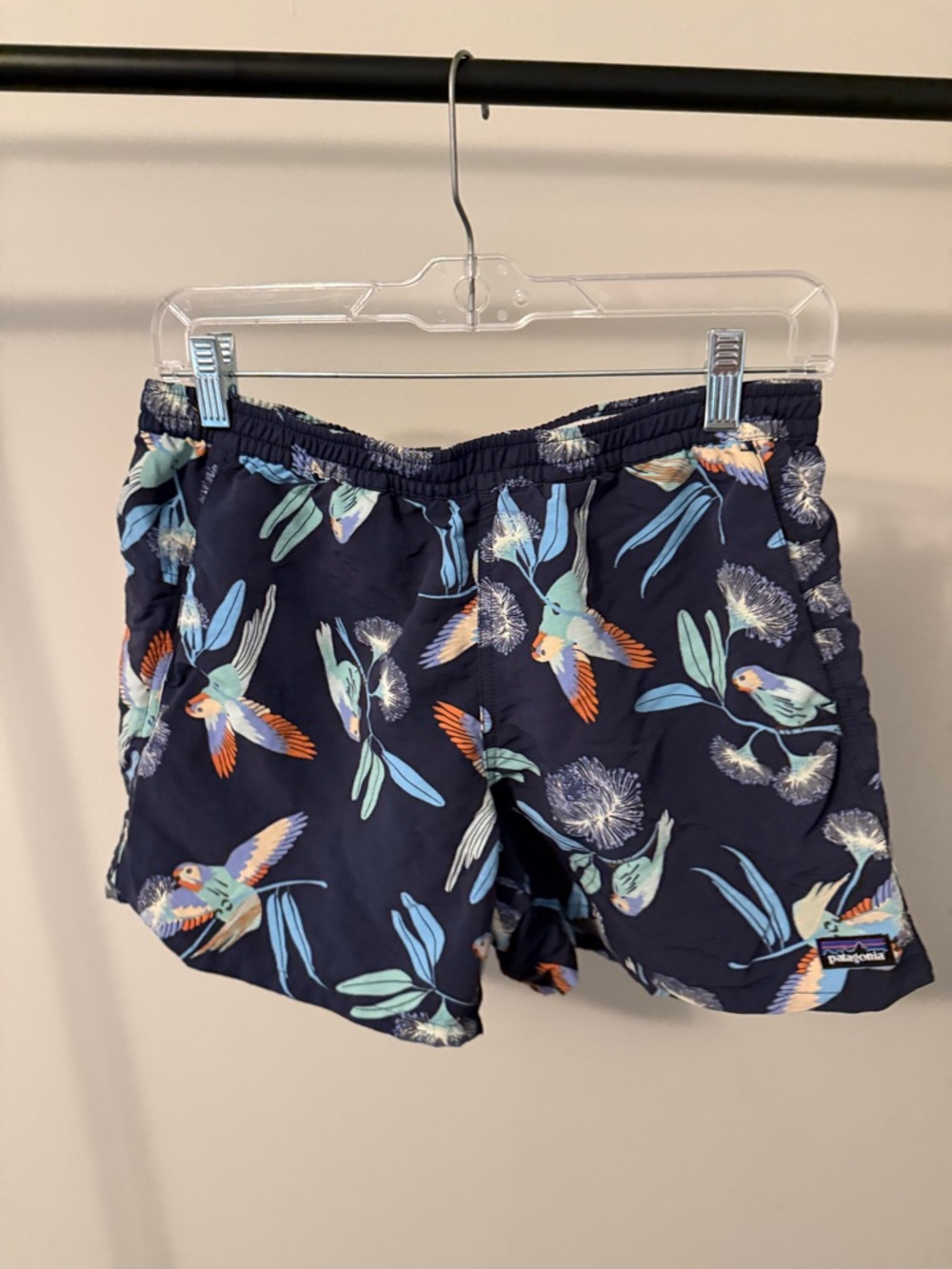 Patagonia Navy Swim Trunks with Tropical Parrot Print